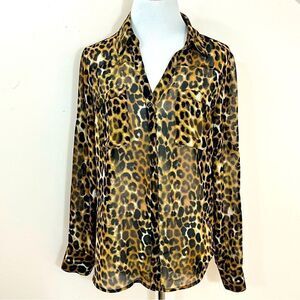 Express Portofino Leopard Print Semi Sheer Button Front Long Sleeve Blouse M